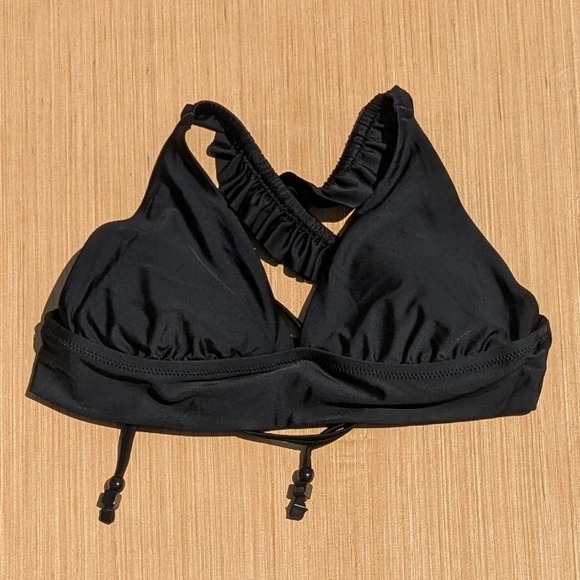 Aerie Black Triangle Bikini Top Ruffle Halter Neck Swim Beach Women's Large - Picture 1 of 5